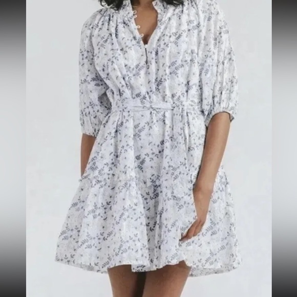 Cleobella Dresses & Skirts - Cleobella Blue White Floral Cotton Puff Sleeve Nevah Mini Dress Small Sundress